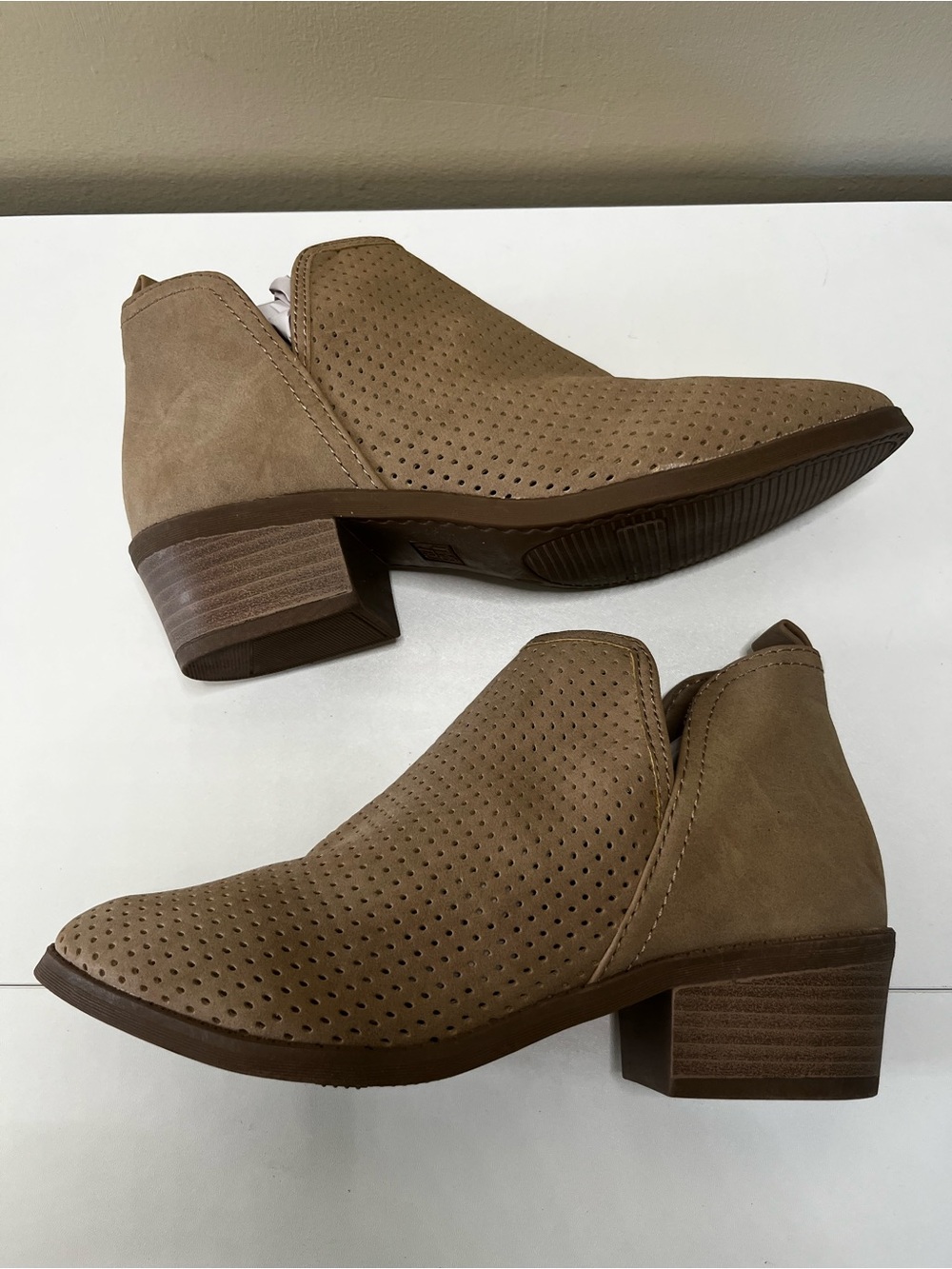 Time + True Size 8 Tan Perforated Pull-On Style Ankle Bootie 2" Heel